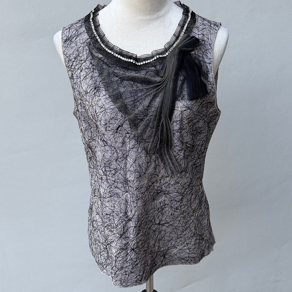 ROZAE NICHOLS Silk Black Gray Grey Silver Embellished Sleeveless Top Mesh Size M